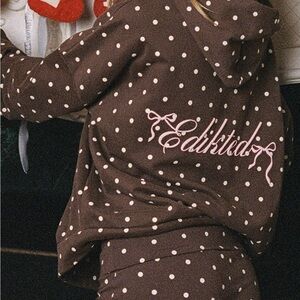 Edikted Brown and White Polka Dot Hoodie Set